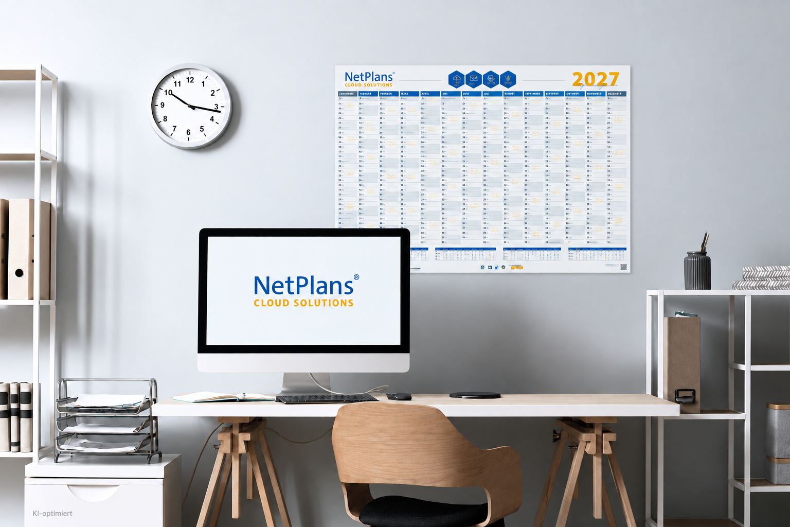 NetPlans Wandkalender 2027 an der Wand, davor ein Schreibtisch mit Monitor