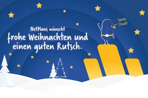Text auf blauem Hintergrund mit Schneelandschaft, gelben Streifen und Sternen und Abbildung des Weihnachtsmanns. NetPlans wünscht frohe Weihnachten und einen guten Rutsch.